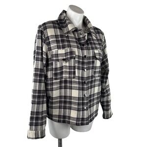 Lucky Brand Flannel Jacket Shacket Womens L Navy‎ White Plaid Sherpa Lined Snap